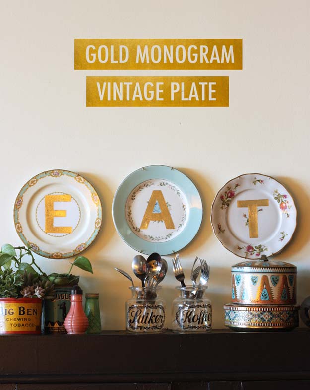 DIY Monogram Projects and Crafts Ideas -Gold Monogram Vintage Plate- Letters, Wall Art, Mason Jar Ideas, Printables, Stickers, Embroidery Tutorials, Home and Room Decor, Pillows, Shirts and Fashion Tutorials - Fun and Cool Ideas for Teens, Tweens and Adults Make Great DIY Gifts 