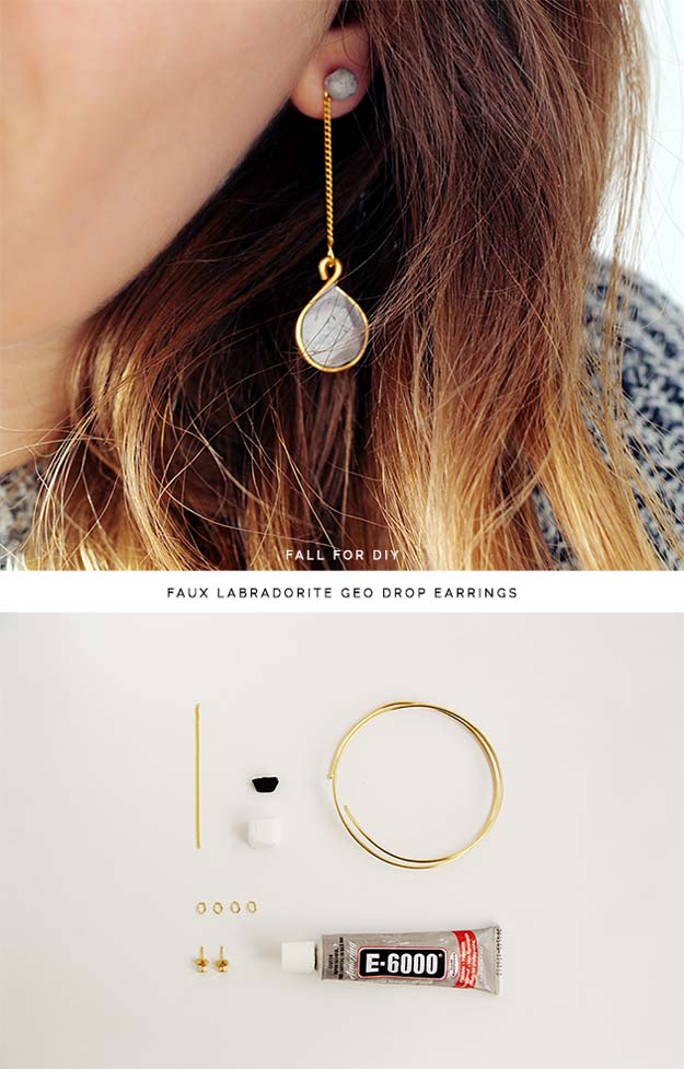 DIY Earrings and Homemade Jewelry Projects - Faux Labradorite Geo Drop Earrings - Easy Studs, Ideas with Beads, Dangle Earring Tutorials, Wire, Feather, Simple Boho, Handmade Earring Cuff, Hoops and Cute Ideas for Teens and Adults #diygifts #diyteens #teengifts #teencrafts #diyearrings