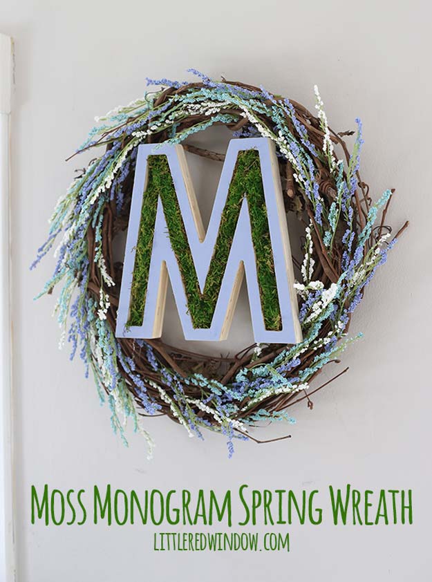 DIY Monogram Projects and Crafts Ideas -Monogram Spring Wreath- Letters, Wall Art, Mason Jar Ideas, Printables, Stickers, Embroidery Tutorials, Home and Room Decor, Pillows, Shirts and Fashion Tutorials - Fun and Cool Ideas for Teens, Tweens and Adults Make Great DIY Gifts 