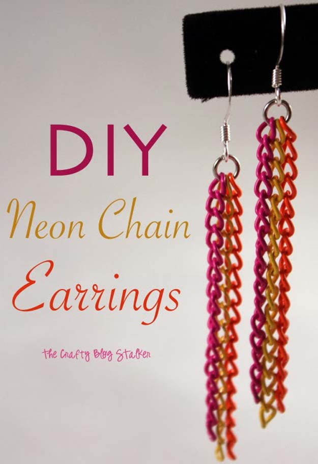 DIY Earrings and Homemade Jewelry Projects - Neon Chain Earrings - Easy Studs, Ideas with Beads, Dangle Earring Tutorials, Wire, Feather, Simple Boho, Handmade Earring Cuff, Hoops and Cute Ideas for Teens and Adults #diygifts #diyteens #teengifts #teencrafts #diyearrings