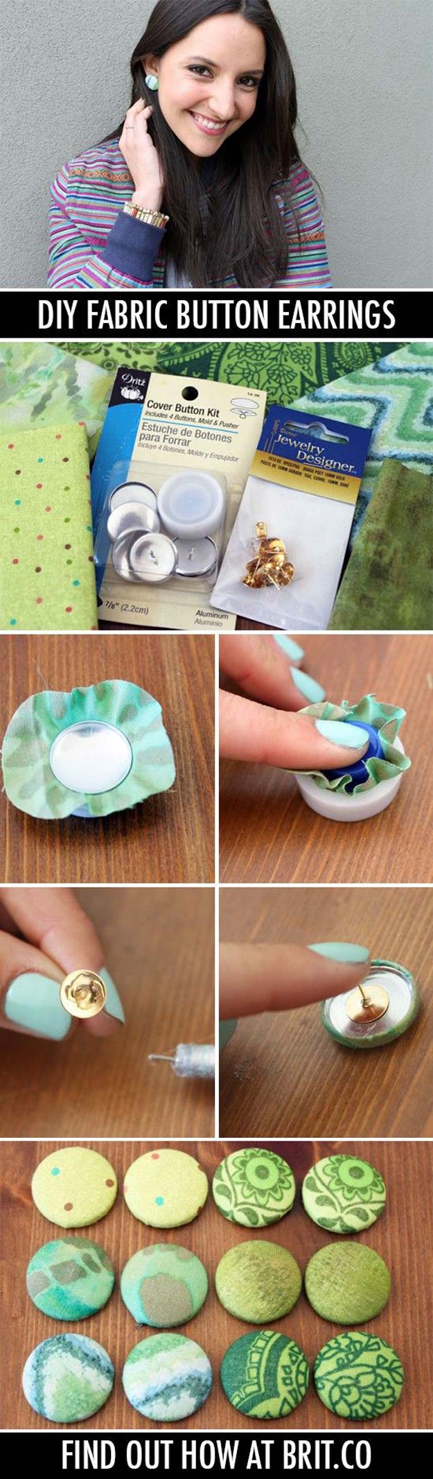 DIY Earrings and Homemade Jewelry Projects - Fabric Button Earrings - Easy Studs, Ideas with Beads, Dangle Earring Tutorials, Wire, Feather, Simple Boho, Handmade Earring Cuff, Hoops and Cute Ideas for Teens and Adults #diygifts #diyteens #teengifts #teencrafts #diyearrings