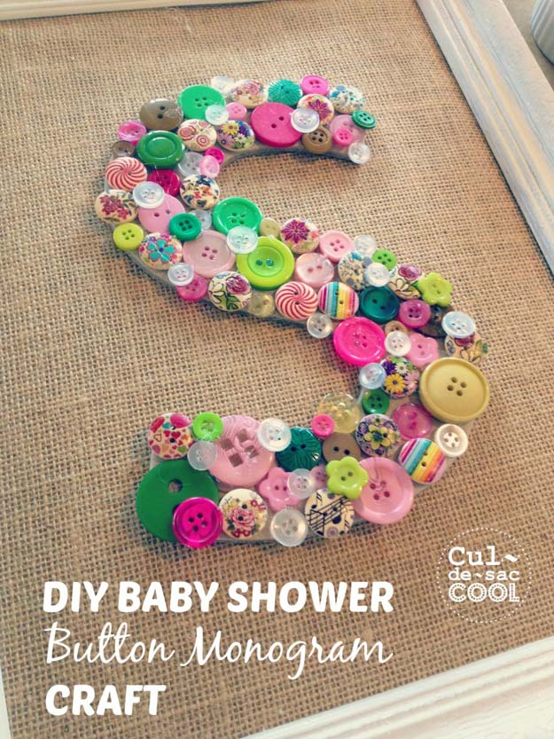  DIY Monogram Projects and Crafts Ideas - Baby Shower Button Monogram Craft - Letters, Wall Art, Mason Jar Ideas, Printables, Stickers, Embroidery Tutorials, Home and Room Decor, Pillows, Shirts and Fashion Tutorials - Fun and Cool Ideas for Teens, Tweens and Adults Make Great DIY Gifts 