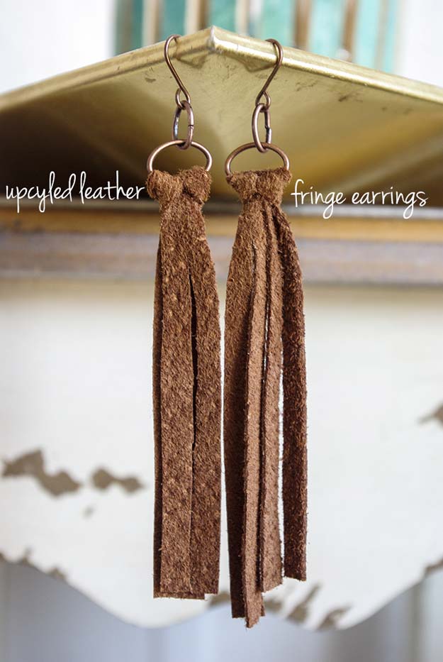 DIY Earrings and Homemade Jewelry Projects - Upcycled Leather Fringe Earrings - Easy Studs, Ideas with Beads, Dangle Earring Tutorials, Wire, Feather, Simple Boho, Handmade Earring Cuff, Hoops and Cute Ideas for Teens and Adults #diygifts #diyteens #teengifts #teencrafts #diyearrings