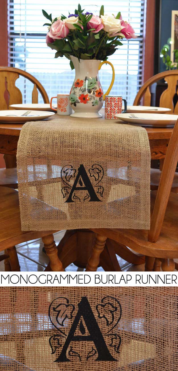DIY Monogram Projects and Crafts Ideas -Burlap Monogram Table Runner- Letters, Wall Art, Mason Jar Ideas, Printables, Stickers, Embroidery Tutorials, Home and Room Decor, Pillows, Shirts and Fashion Tutorials - Fun and Cool Ideas for Teens, Tweens and Adults Make Great DIY Gifts 