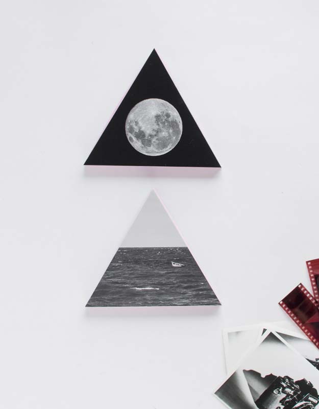 Cool DIY Photo Projects and Craft Ideas for Photos - Wooden Triangle Wall Decorations With Photos - Easy Ideas for Wall Art, Collage and DIY Gifts for Friends. Wood, Cardboard, Canvas, Instagram Art and Frames. Creative Birthday Ideas and Home Decor for Adults, Teens and Tweens
