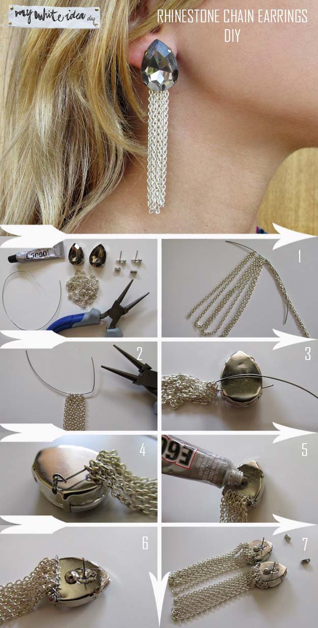 DIY Earrings and Homemade Jewelry Projects - Rhinestones Chain Earrings - Easy Studs, Ideas with Beads, Dangle Earring Tutorials, Wire, Feather, Simple Boho, Handmade Earring Cuff, Hoops and Cute Ideas for Teens and Adults #diygifts #diyteens #teengifts #teencrafts #diyearrings