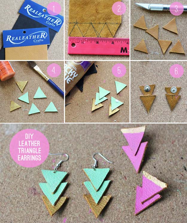 DIY Earrings and Homemade Jewelry Projects - Leather Triangle Earrings - Easy Studs, Ideas with Beads, Dangle Earring Tutorials, Wire, Feather, Simple Boho, Handmade Earring Cuff, Hoops and Cute Ideas for Teens and Adults #diygifts #diyteens #teengifts #teencrafts #diyearrings