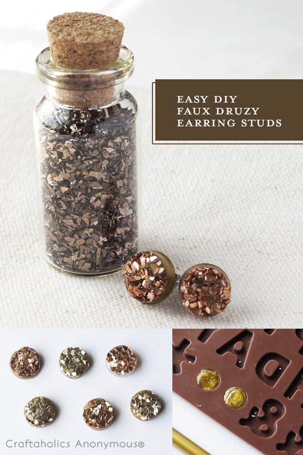 DIY Earrings and Homemade Jewelry Projects - Faux Druzy Earrings - Easy Studs, Ideas with Beads, Dangle Earring Tutorials, Wire, Feather, Simple Boho, Handmade Earring Cuff, Hoops and Cute Ideas for Teens and Adults #diygifts #diyteens #teengifts #teencrafts #diyearrings