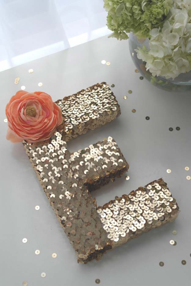 DIY Monogram Projects and Crafts Ideas -Sequin Monogram Letter- Letters, Wall Art, Mason Jar Ideas, Printables, Stickers, Embroidery Tutorials, Home and Room Decor, Pillows, Shirts and Fashion Tutorials - Fun and Cool Ideas for Teens, Tweens and Adults Make Great DIY Gifts 