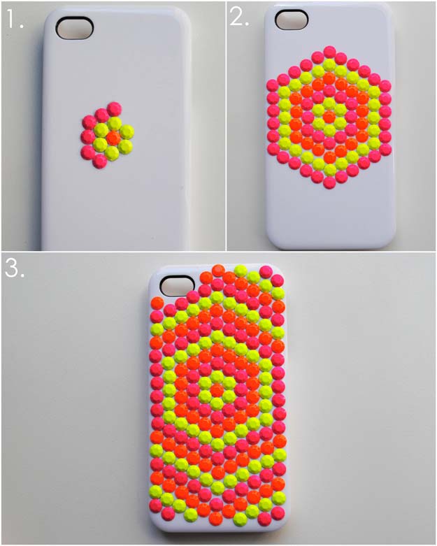DIY iPhone Case Makeovers - Neon Studded Phone Case - Easy DIY Projects and Handmade Crafts Tutorial Ideas You Can Make To Decorate Your Phone With Glitter, Nail Polish, Sharpie, Paint, Bling, Printables and Sewing Patterns - Fun DIY Ideas for Women, Teens, Tweens and Kids