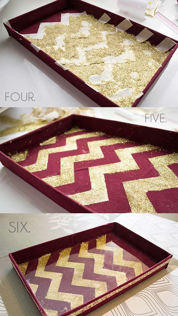 Best DIY Chevron Projects - DIY Chevron Glitter Vanity Tray - DIY Wall Art, Home and Room Decor, Canvas Crafts With Chevrons, Furniture and Chairs, Decorations With Paint Ideas Using Chevron Patterns for Bedroom, Bathroom and Teens Rooms. Learn How To Tape Chevron Art With Easy To Follow Step by Step Tutorials 