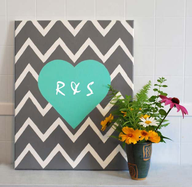 Best DIY Chevron Projects - DIY Chevron Heart Wall Art - DIY Wall Art, Home and Room Decor, Canvas Crafts With Chevrons, Furniture and Chairs, Decorations With Paint Ideas Using Chevron Patterns for Bedroom, Bathroom and Teens Rooms. Learn How To Tape Chevron Art With Easy To Follow Step by Step Tutorials 