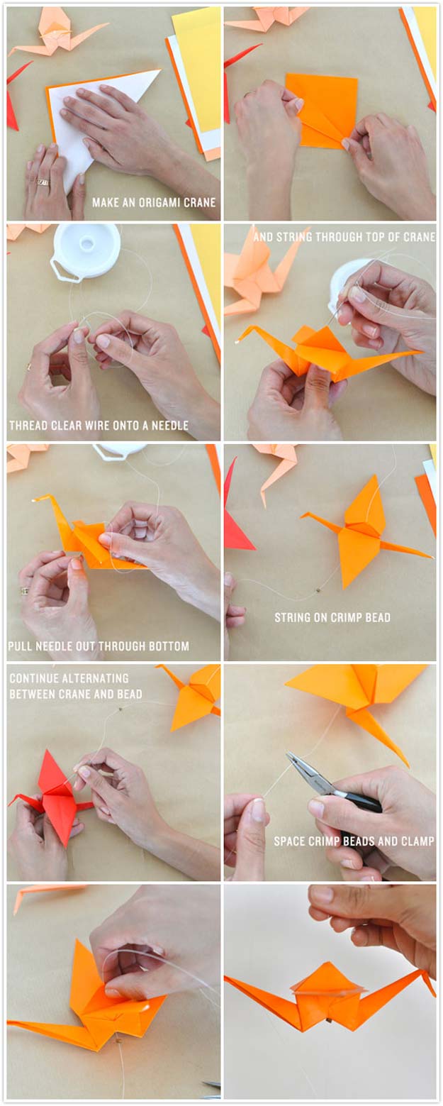 Best Origami Tutorials - Ombré Crane Garland - Easy DIY Origami Tutorial Projects for With Instructions for Flowers, Dog, Gift Box, Star, Owl, Buttlerfly, Heart and Bookmark, Animals - Fun Paper Crafts for Teens, Kids and Adults #origami #crafts