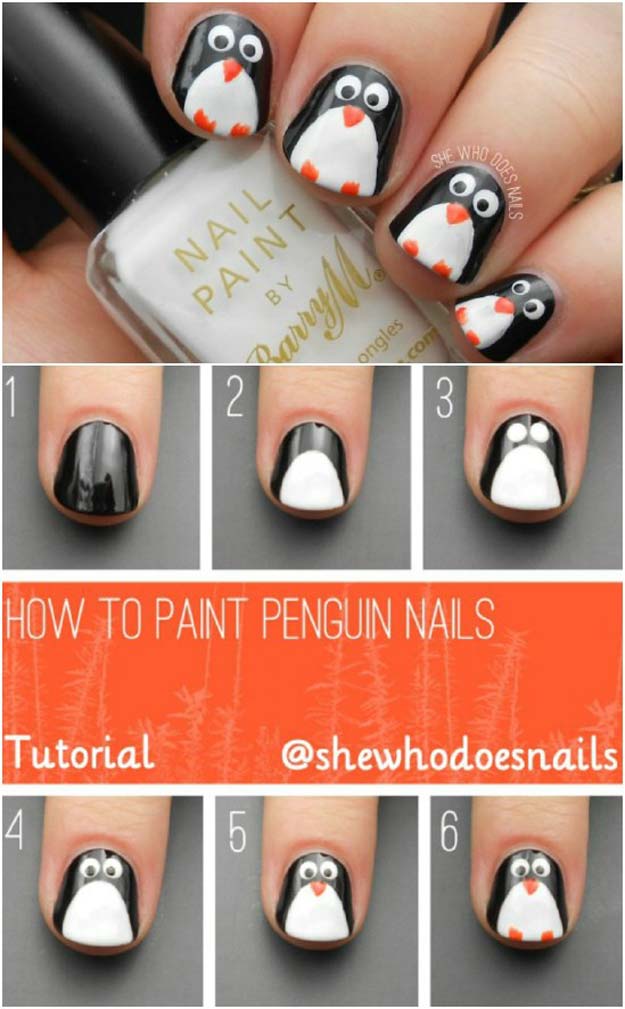Cool DIY Nail Art Designs and Patterns for Christmas and Holidays - DIY Penguin Nails - Do It Yourself Manicure Ideas With Christmas Trees, Candy Canes, Snowflakes and Glittery Designs for Holiday Nails - Step by Step Tutorials and Instructions #nailart #christmasnails #naildesigns