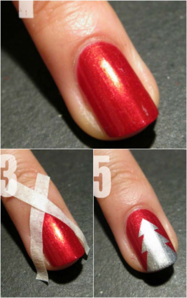 Cool DIY Nail Art Designs and Patterns for Christmas and Holidays - DIY Tape Christmas tree design - Do It Yourself Manicure Ideas With Christmas Trees, Candy Canes, Snowflakes and Glittery Designs for Holiday Nails - Step by Step Tutorials and Instructions #nailart #christmasnails #naildesigns