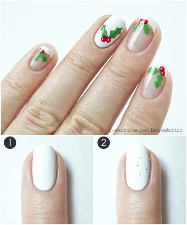 Cool DIY Nail Art Designs and Patterns for Christmas and Holidays -DIY Holly Jolly Mani Nails - Do It Yourself Manicure Ideas With Christmas Trees, Candy Canes, Snowflakes and Glittery Designs for Holiday Nails - Step by Step Tutorials and Instructions #nailart #christmasnails #naildesigns