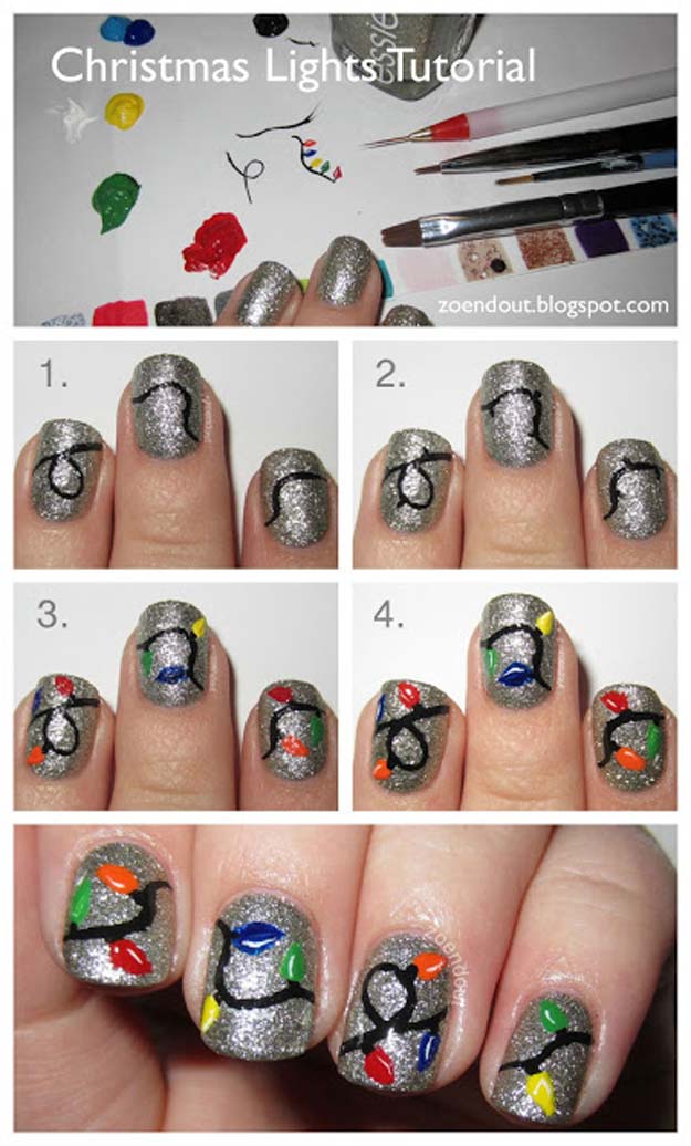 Cool DIY Nail Art Designs and Patterns for Christmas and Holidays -DIY Christmas Lights Nails - Do It Yourself Manicure Ideas With Christmas Trees, Candy Canes, Snowflakes and Glittery Designs for Holiday Nails - Step by Step Tutorials and Instructions #nailart #christmasnails #naildesigns
