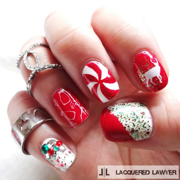 Cool DIY Nail Art Designs and Patterns for Christmas and Holidays - DIY Christmas Nail Art With Rhinestones - Do It Yourself Manicure Ideas With Christmas Trees, Candy Canes, Snowflakes and Glittery Designs for Holiday Nails - Step by Step Tutorials and Instructions #nailart #christmasnails #naildesigns