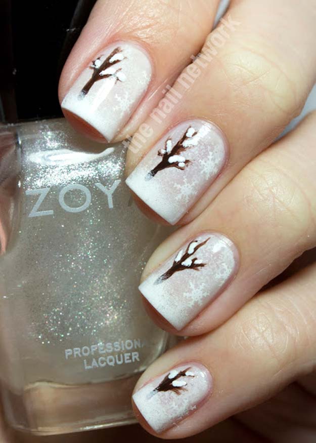 Cool DIY Nail Art Designs and Patterns for Christmas and Holidays -DIY Snowy Winter Tree Nail Art - Do It Yourself Manicure Ideas With Christmas Trees, Candy Canes, Snowflakes and Glittery Designs for Holiday Nails - Step by Step Tutorials and Instructions #nailart #christmasnails #naildesigns