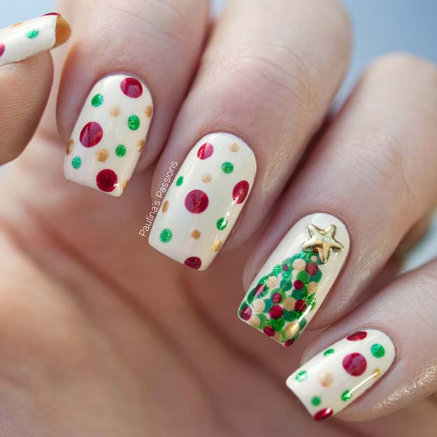 Cool DIY Nail Art Designs and Patterns for Christmas and Holidays - DIY Dotticured Christmas Tree Nails - Do It Yourself Manicure Ideas With Christmas Trees, Candy Canes, Snowflakes and Glittery Designs for Holiday Nails - Step by Step Tutorials and Instructions #nailart #christmasnails #naildesigns