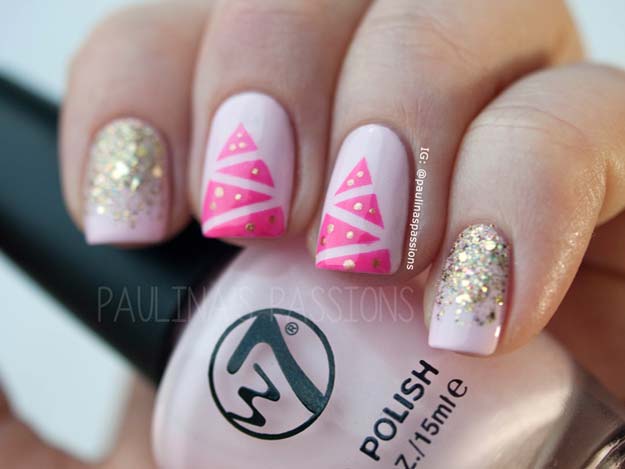 Cool DIY Nail Art Designs and Patterns for Christmas and Holidays - DIY Pink Christmas Tree Nails - Do It Yourself Manicure Ideas With Christmas Trees, Candy Canes, Snowflakes and Glittery Designs for Holiday Nails - Step by Step Tutorials and Instructions #nailart #christmasnails #naildesigns