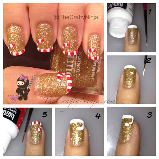 Cool DIY Nail Art Designs and Patterns for Christmas and Holidays - DIY Candy Cane French Tip Nails - Do It Yourself Manicure Ideas With Christmas Trees, Candy Canes, Snowflakes and Glittery Designs for Holiday Nails - Step by Step Tutorials and Instructions #nailart #christmasnails #naildesigns