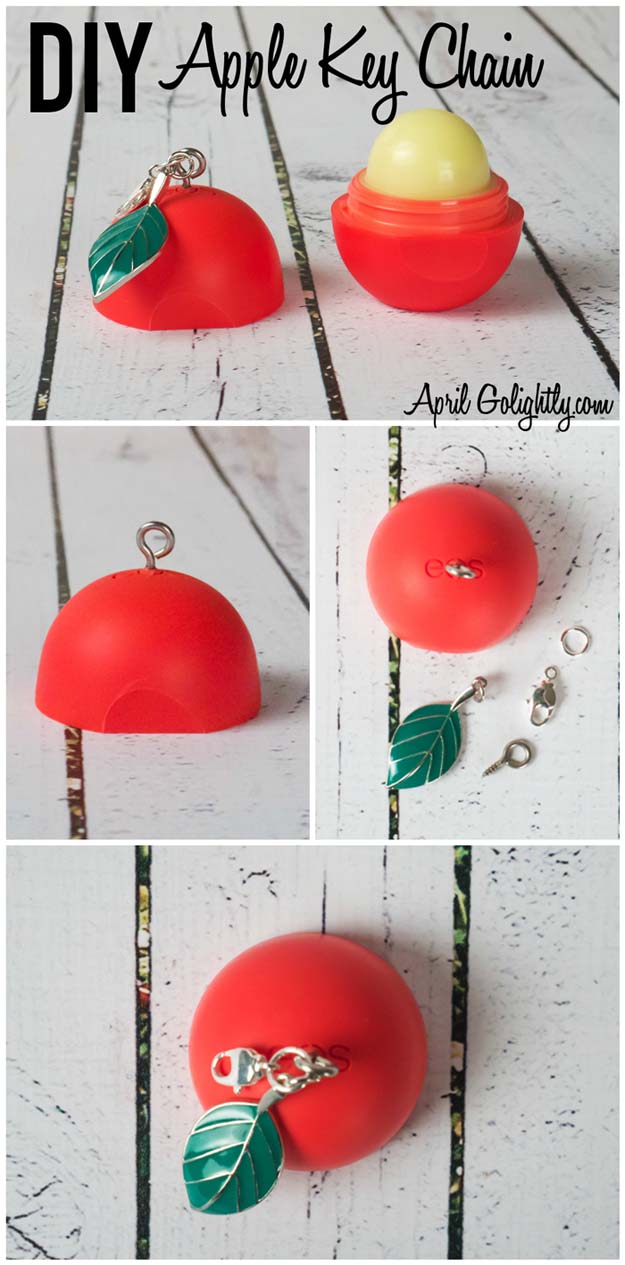 Best DIY EOS Projects - DIY Apple Key Chain - Turn Old EOS Containers Into Cool Crafts Ideas Like Lip Balm, Galaxy, Gumball Machine, and Watermelon - Fun, Cheap and Easy DIY Projects Tutorials and Videos for Teens, Tweens, Kids and Adults s