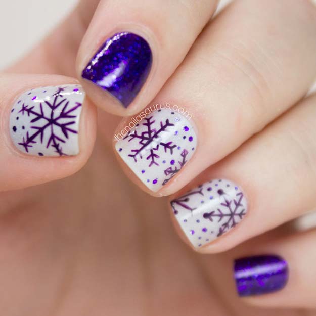 Cool DIY Nail Art Designs and Patterns for Christmas and Holidays - DIY Purple Snowflakes Nailart - Do It Yourself Manicure Ideas With Christmas Trees, Candy Canes, Snowflakes and Glittery Designs for Holiday Nails - Step by Step Tutorials and Instructions #nailart #christmasnails #naildesigns