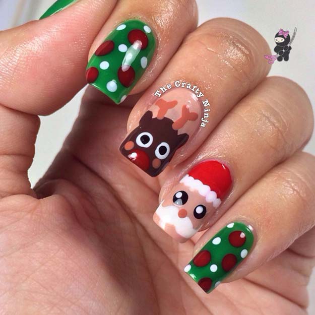 Cool DIY Nail Art Designs and Patterns for Christmas and Holidays - DIY Santa and Rudolph Reindeer Nails - Do It Yourself Manicure Ideas With Christmas Trees, Candy Canes, Snowflakes and Glittery Designs for Holiday Nails - Step by Step Tutorials and Instructions #nailart #christmasnails #naildesigns