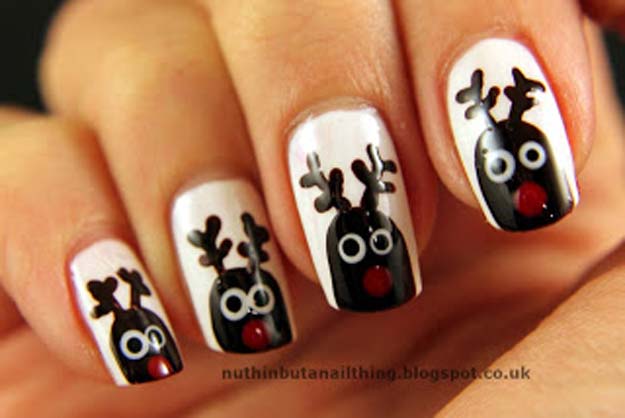 Cool DIY Nail Art Designs and Patterns for Christmas and Holidays -DIY Rudolph the Red Nose Reindeer Nails - Do It Yourself Manicure Ideas With Christmas Trees, Candy Canes, Snowflakes and Glittery Designs for Holiday Nails - Step by Step Tutorials and Instructions #nailart #christmasnails #naildesigns