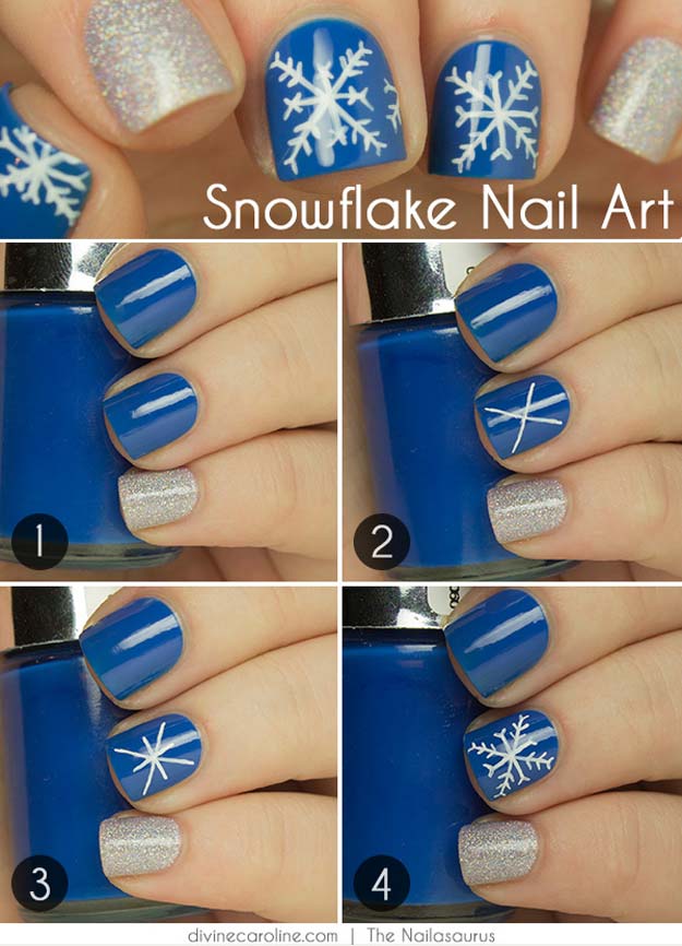 Cool DIY Nail Art Designs and Patterns for Christmas and Holidays - DIY Snowflake Design - Do It Yourself Manicure Ideas With Christmas Trees, Candy Canes, Snowflakes and Glittery Designs for Holiday Nails - Step by Step Tutorials and Instructions #nailart #christmasnails #naildesigns