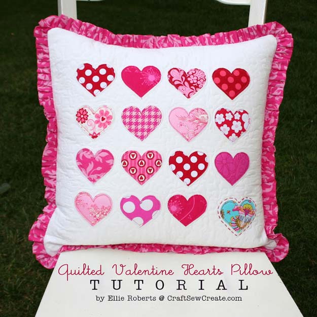 DIY Valentine Decor Ideas - Quilted Valentine Hearts Pillow Tutorial - Cute and Easy Home Decor Projects for Valentines Day Decorating - Best Homemade Valentine Decorations for Home, Tables and Party, Kids and Outdoor - Romantic Vintage Ideas - Cheap Dollar Store and Dollar Tree Crafts 