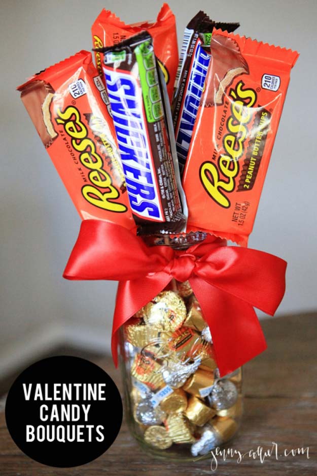 Best Mason Jar Valentine Crafts - Valentine Candy Bouquets Mason Jar - Cute Mason Jar Valentines Day Gifts and Crafts | Easy DIY Ideas for Valentines Day for Homemade Gift Giving and Room Decor | Creative Home Decor and Craft Projects for Teens, Teenagers, Kids and Adults 