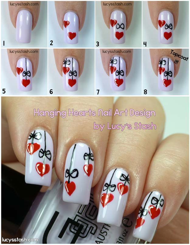 Valentine Nail Art Ideas - Hanging Hearts - Cute and Cool Looks For Valentines Day Nails - Hearts, Gradients, Red, Black and Pink Designs - Easy Ideas for DIY Manicures with Step by Step Tutorials - Fun Ideas for Teens, Teenagers and Women 