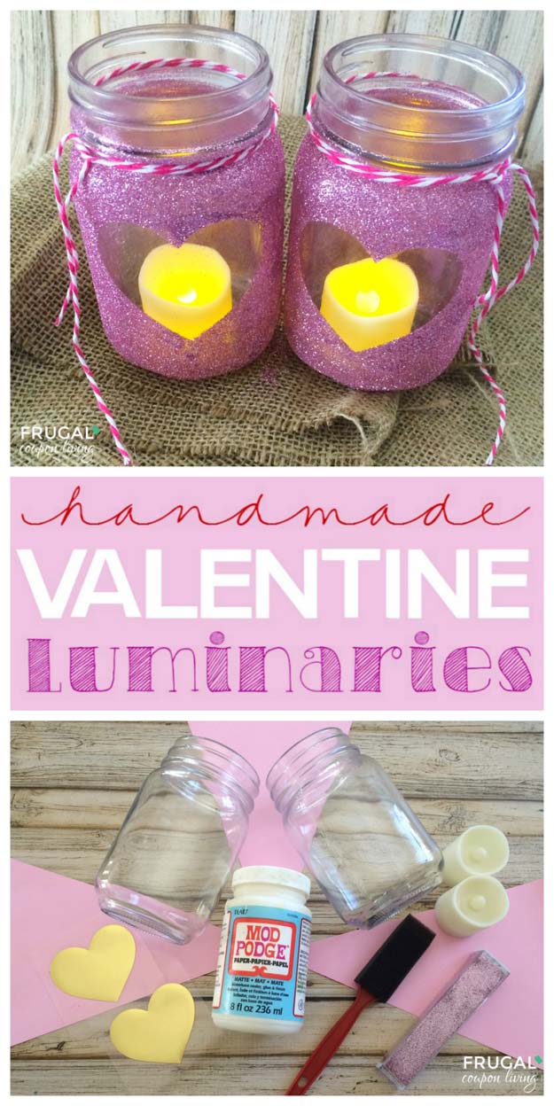 Best Mason Jar Valentine Crafts - Homemade Valentine Luminaries Mason Jar - Cute Mason Jar Valentines Day Gifts and Crafts | Easy DIY Ideas for Valentines Day for Homemade Gift Giving and Room Decor | Creative Home Decor and Craft Projects for Teens, Teenagers, Kids and Adults 