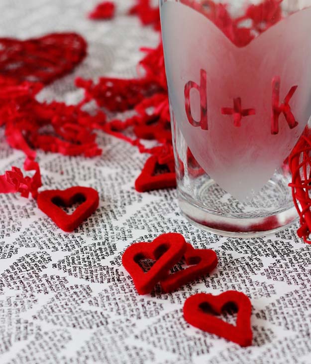 DIY Valentine Gifts - Etched Valentine’s Glass - Gifts for Her and Him, Teens, Teenagers and Tweens - Mason Jar Ideas, Homemade Cards, Cheap and Easy Gift Ideas for Valentine Presents 