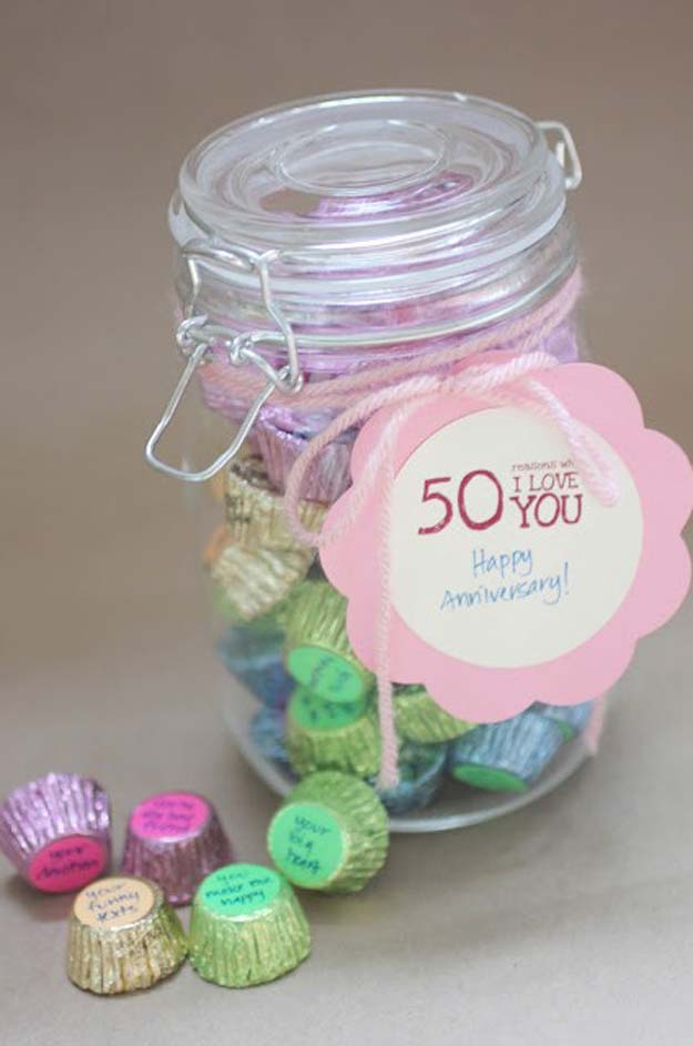 DIY Valentine Gifts - "50 Reasons Why I Love You" Candy Jar Gift - Gifts for Her and Him, Teens, Teenagers and Tweens - Mason Jar Ideas, Homemade Cards, Cheap and Easy Gift Ideas for Valentine Presents 