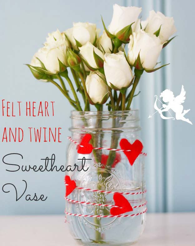 Best Mason Jar Valentine Crafts - Felt Heart and Twine Mason Jar Vase - Cute Mason Jar Valentines Day Gifts and Crafts | Easy DIY Ideas for Valentines Day for Homemade Gift Giving and Room Decor | Creative Home Decor and Craft Projects for Teens, Teenagers, Kids and Adults 
