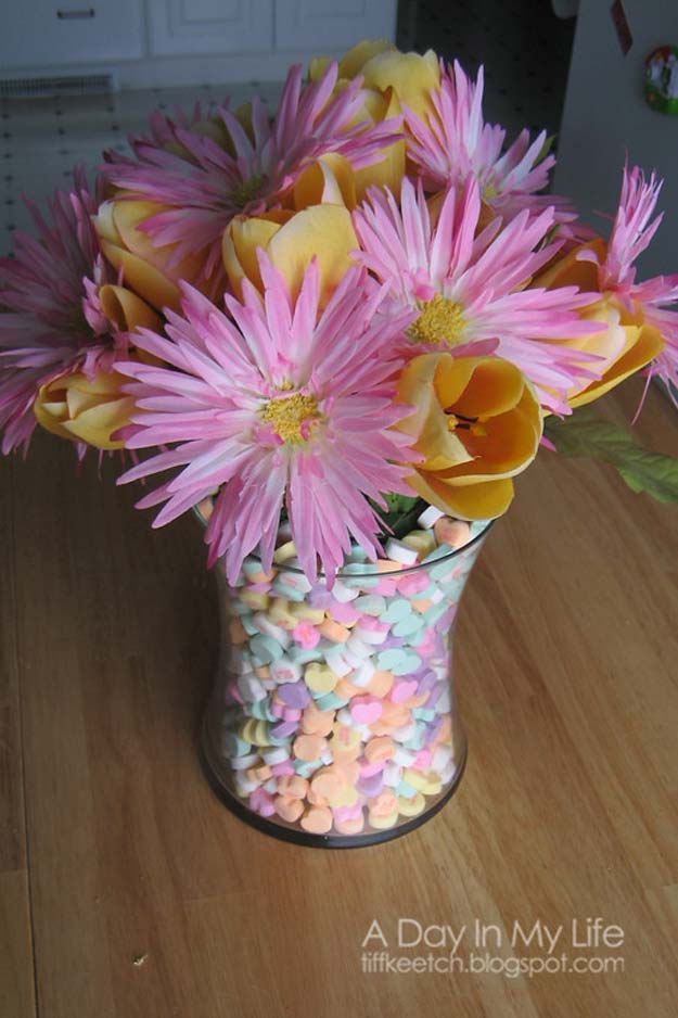 DIY Valentine Decor Ideas - Candy Heart Centerpiece - Cute and Easy Home Decor Projects for Valentines Day Decorating - Best Homemade Valentine Decorations for Home, Tables and Party, Kids and Outdoor - Romantic Vintage Ideas - Cheap Dollar Store and Dollar Tree Crafts 