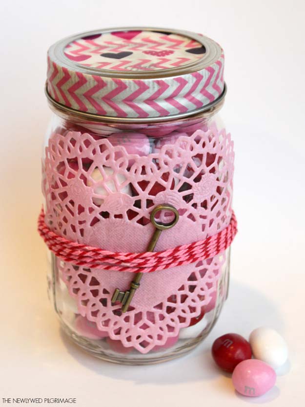 Best Mason Jar Valentine Crafts - Washi Tape, Heart Shaped Doilies, and a Key Decorated Valentines Mason Jar - Cute Mason Jar Valentines Day Gifts and Crafts | Easy DIY Ideas for Valentines Day for Homemade Gift Giving and Room Decor | Creative Home Decor and Craft Projects for Teens, Teenagers, Kids and Adults 