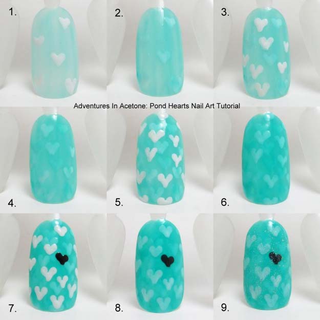 Valentine Nail Art Ideas - Pond Hearts Nail Art - Cute and Cool Looks For Valentines Day Nails - Hearts, Gradients, Red, Black and Pink Designs - Easy Ideas for DIY Manicures with Step by Step Tutorials - Fun Ideas for Teens, Teenagers and Women 