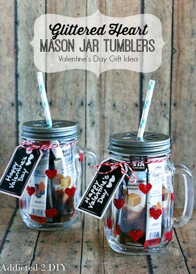Best Mason Jar Valentine Crafts - Glittered Heart Mason Jar Tumblers - Cute Mason Jar Valentines Day Gifts and Crafts | Easy DIY Ideas for Valentines Day for Homemade Gift Giving and Room Decor | Creative Home Decor and Craft Projects for Teens, Teenagers, Kids and Adults 