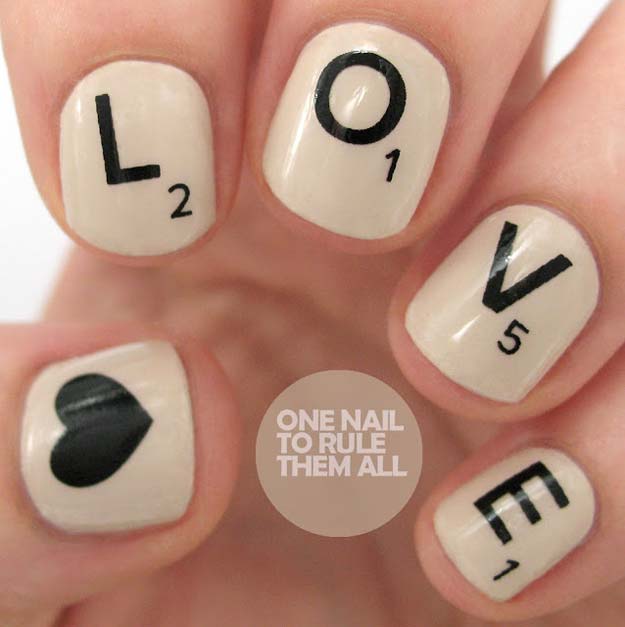 Valentine Nail Art Ideas - Scrabble Love Nails - Cute and Cool Looks For Valentines Day Nails - Hearts, Gradients, Red, Black and Pink Designs - Easy Ideas for DIY Manicures with Step by Step Tutorials - Fun Ideas for Teens, Teenagers and Women 