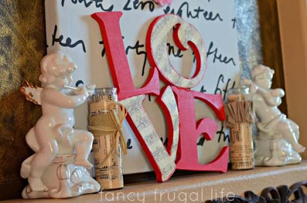 DIY Valentine Decor Ideas - Music Paper L-O-V-E Letters - Cute and Easy Home Decor Projects for Valentines Day Decorating - Best Homemade Valentine Decorations for Home, Tables and Party, Kids and Outdoor - Romantic Vintage Ideas - Cheap Dollar Store and Dollar Tree Crafts 