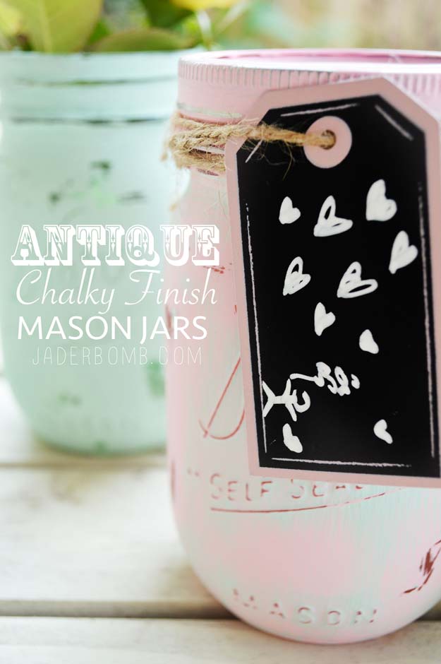 Best Mason Jar Valentine Crafts - Antique Chalky Finish Mason Jars - Cute Mason Jar Valentines Day Gifts and Crafts | Easy DIY Ideas for Valentines Day for Homemade Gift Giving and Room Decor | Creative Home Decor and Craft Projects for Teens, Teenagers, Kids and Adults 