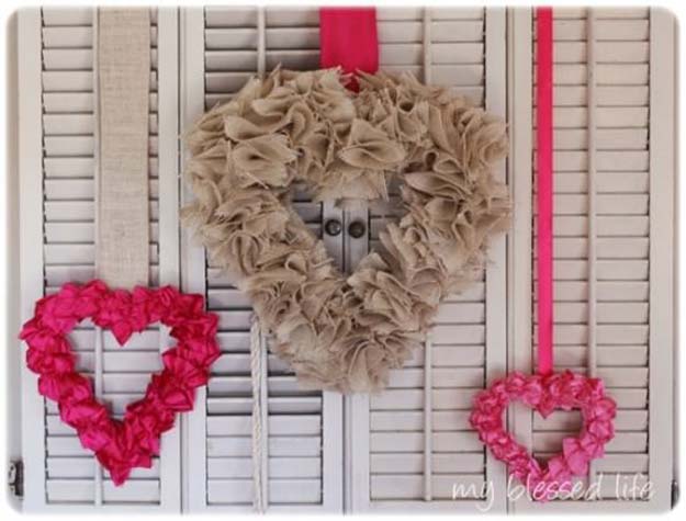 DIY Valentine Decor Ideas - Ruffled Satin Valentine Heart Tutorial - Cute and Easy Home Decor Projects for Valentines Day Decorating - Best Homemade Valentine Decorations for Home, Tables and Party, Kids and Outdoor - Romantic Vintage Ideas - Cheap Dollar Store and Dollar Tree Crafts 