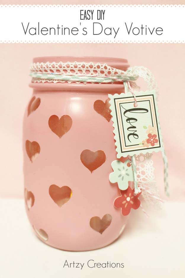 Best Mason Jar Valentine Crafts - Valentine's Day Votive - Cute Mason Jar Valentines Day Gifts and Crafts | Easy DIY Ideas for Valentines Day for Homemade Gift Giving and Room Decor | Creative Home Decor and Craft Projects for Teens, Teenagers, Kids and Adults 