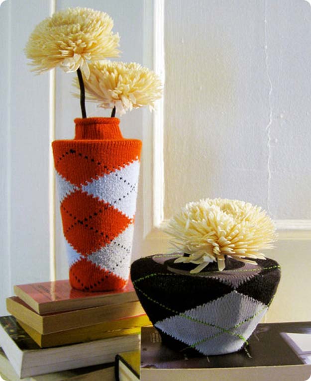 Cool Crafts Made With Old Socks - DIY Argyle Sock Vases - Fun DIY Projects and Gifts You Can Make With A Sock - Easy DIY Ideas for Teens, Teenagers, Kids and Adults - Step by Step Tutorials and Instructions for Making Room Decor, Animals, Cat, Rabbit, Owl, Puppets, Snowman, Gloves 