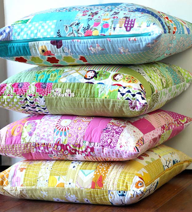 DIY Pillows and Fun Pillow Projects - DIY Color Strips Scrap Floor Pillows Tutorial - Creative, Decorative Cases and Covers, Throw Pillows, Cute and Easy Tutorials for Making Crafty Home Decor - Sewing Tutorials and No Sew Ideas for Room and Bedroom Decor for Teens, Teenagers and Adults