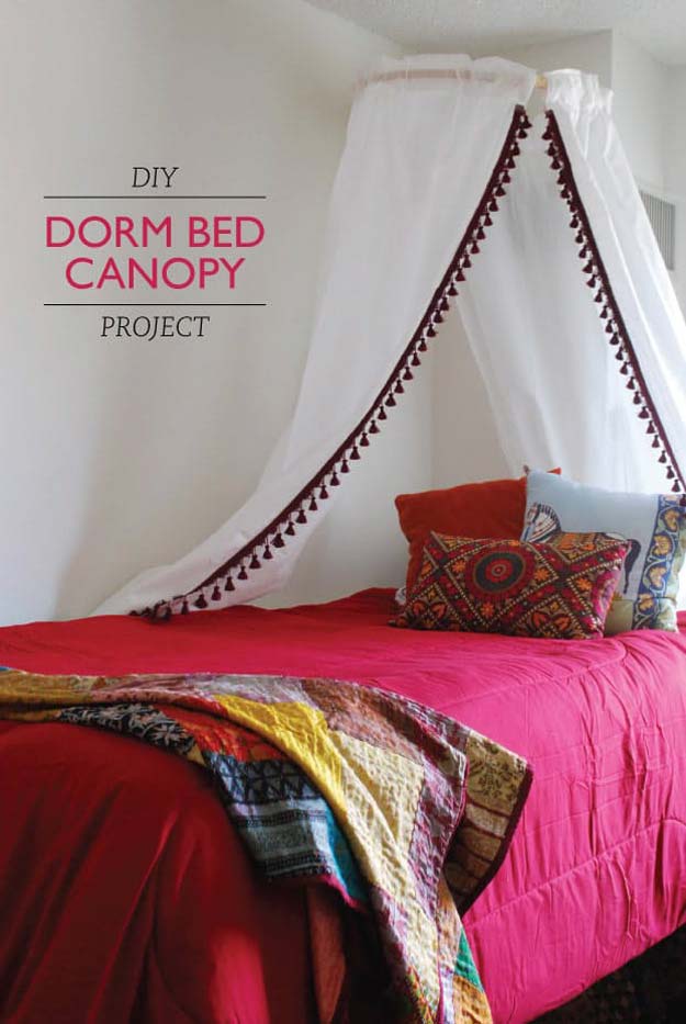 Cool DIY Ideas for Your Bed - DIY Dorm Bed Canopy Project - Fun Bedding, Pillows, Blankets, Home Decor and Crafts to Make Your Bedroom Awesome - Easy Step by Step Tutorials for Making A T-Shirt Pillow, Knit Throws, Fuzzy and Furry Warm Blankets and Handmade DYI Bedding, Sheets, Bedskirts and Shams 